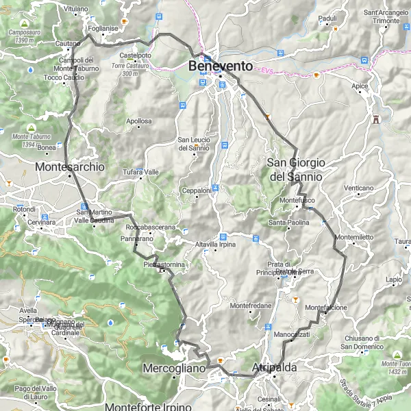 Miniatura della mappa di ispirazione al ciclismo "Descrizione dell'itinerario su strada fino a Benevento" nella regione di Campania, Italy. Generata da Tarmacs.app, pianificatore di rotte ciclistiche