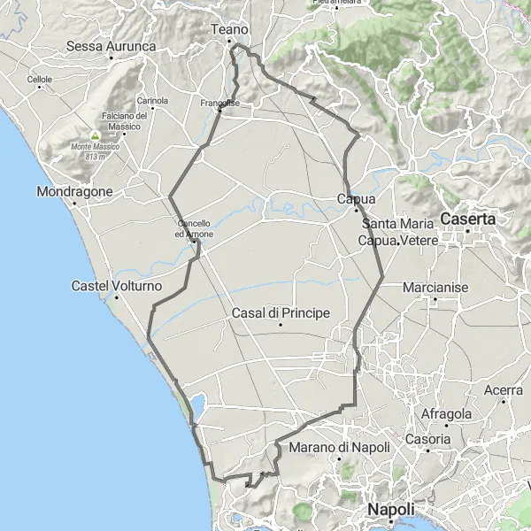 Map miniature of "Monterusciello to Vitulazio Loop" cycling inspiration in Campania, Italy. Generated by Tarmacs.app cycling route planner