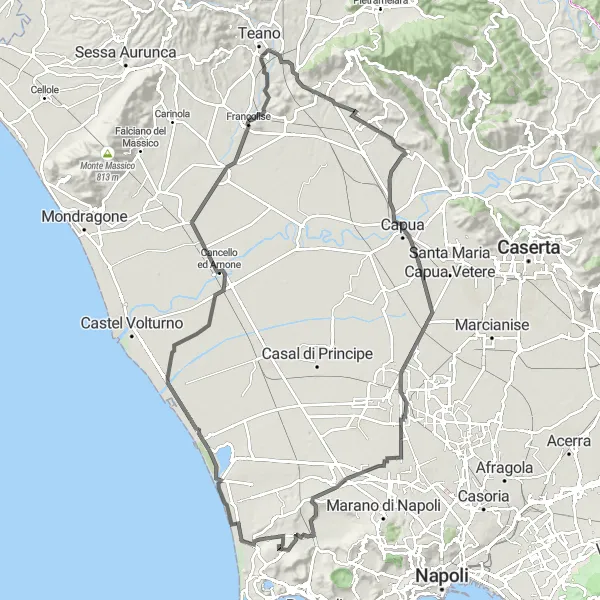 Miniatura della mappa di ispirazione al ciclismo "Giro in bici da Monterusciello a Panorama su Cuma" nella regione di Campania, Italy. Generata da Tarmacs.app, pianificatore di rotte ciclistiche