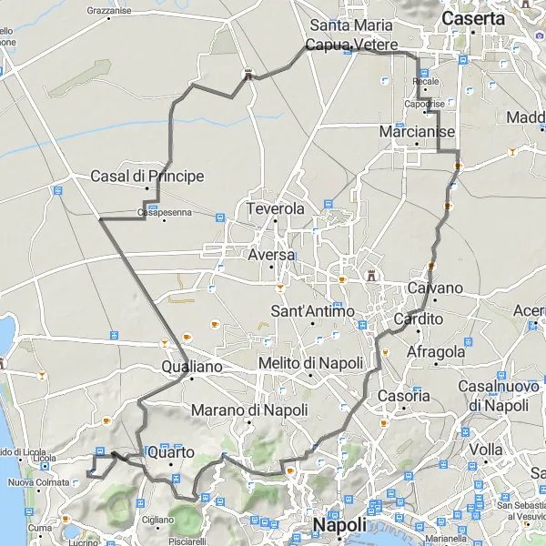 Map miniature of "San Cipriano d'Aversa to Montagna Spaccata Loop" cycling inspiration in Campania, Italy. Generated by Tarmacs.app cycling route planner