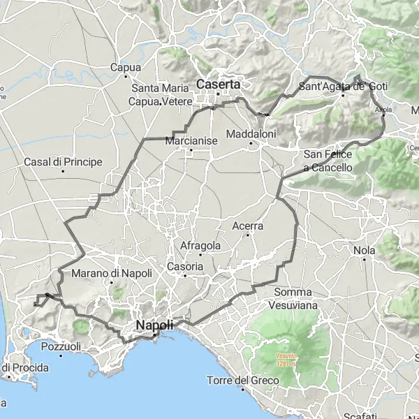 Map miniature of "Qualiano to Montagna Spaccata Loop" cycling inspiration in Campania, Italy. Generated by Tarmacs.app cycling route planner