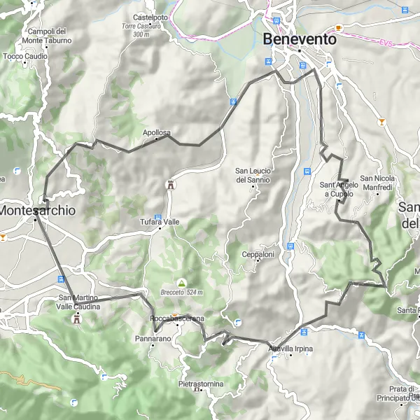 Miniatura della mappa di ispirazione al ciclismo "Montesarchio - Monte Mauro - Sant'Angelo a Cupolo" nella regione di Campania, Italy. Generata da Tarmacs.app, pianificatore di rotte ciclistiche