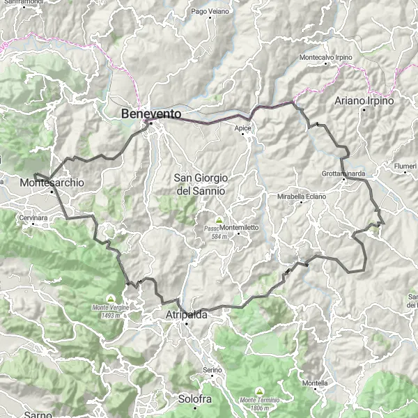 Miniatura della mappa di ispirazione al ciclismo "Montesarchio - Apollosa - Grottaminarda - Chiusano di San Domenico" nella regione di Campania, Italy. Generata da Tarmacs.app, pianificatore di rotte ciclistiche