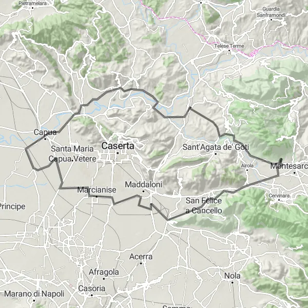 Miniatura della mappa di ispirazione al ciclismo "Montesarchio - San Felice a Cancello - Piana di Monte Verna" nella regione di Campania, Italy. Generata da Tarmacs.app, pianificatore di rotte ciclistiche