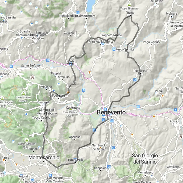 Map miniature of "The Mountain Loop" cycling inspiration in Campania, Italy. Generated by Tarmacs.app cycling route planner