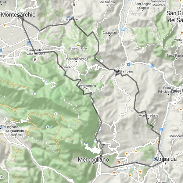 Miniatura della mappa di ispirazione al ciclismo "Giro in bicicletta da Montesarchio a Montesarchio attraverso Toppo Mancino e Mercogliano" nella regione di Campania, Italy. Generata da Tarmacs.app, pianificatore di rotte ciclistiche