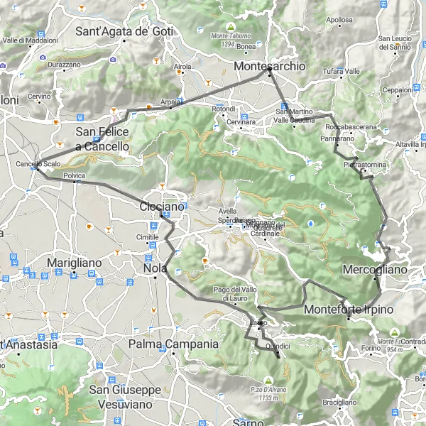 Miniatura della mappa di ispirazione al ciclismo "Cicloturismo da Montesarchio a Montesarchio passando per Sant'Angelo a Scala e Montecarafone" nella regione di Campania, Italy. Generata da Tarmacs.app, pianificatore di rotte ciclistiche