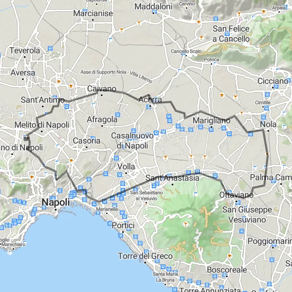 Miniatura della mappa di ispirazione al ciclismo "Anello dei Colli Vesuviani" nella regione di Campania, Italy. Generata da Tarmacs.app, pianificatore di rotte ciclistiche