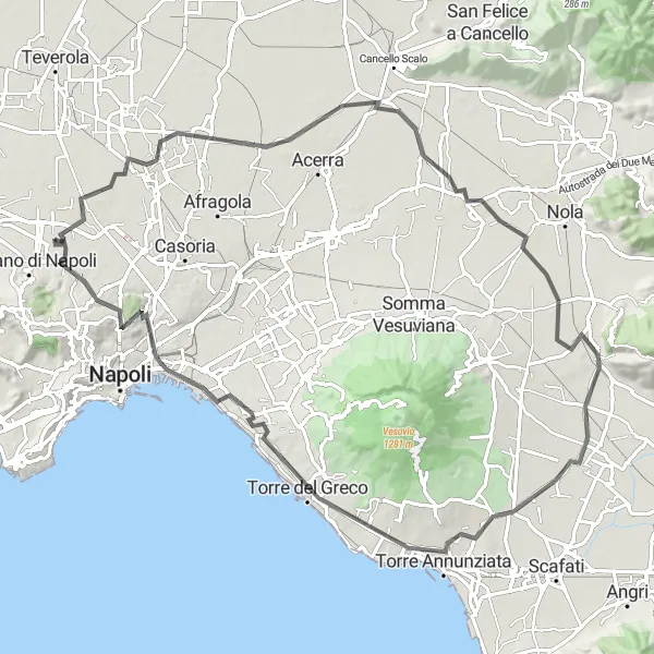 Miniatura della mappa di ispirazione al ciclismo "Giro in bicicletta da Mugnano di Napoli" nella regione di Campania, Italy. Generata da Tarmacs.app, pianificatore di rotte ciclistiche