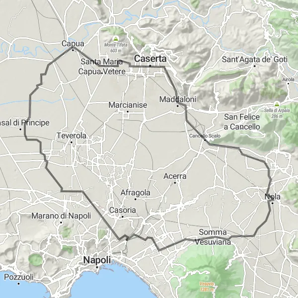 Miniatura della mappa di ispirazione al ciclismo "Giro in Bicicletta da Nola a Santa Maria Capua Vetere" nella regione di Campania, Italy. Generata da Tarmacs.app, pianificatore di rotte ciclistiche