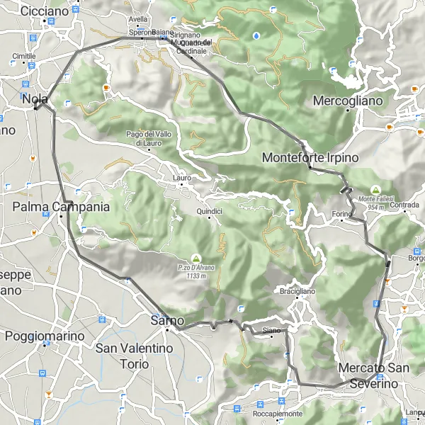 Miniatura della mappa di ispirazione al ciclismo "Tour in bicicletta da Nola a Sarno e ritorno" nella regione di Campania, Italy. Generata da Tarmacs.app, pianificatore di rotte ciclistiche