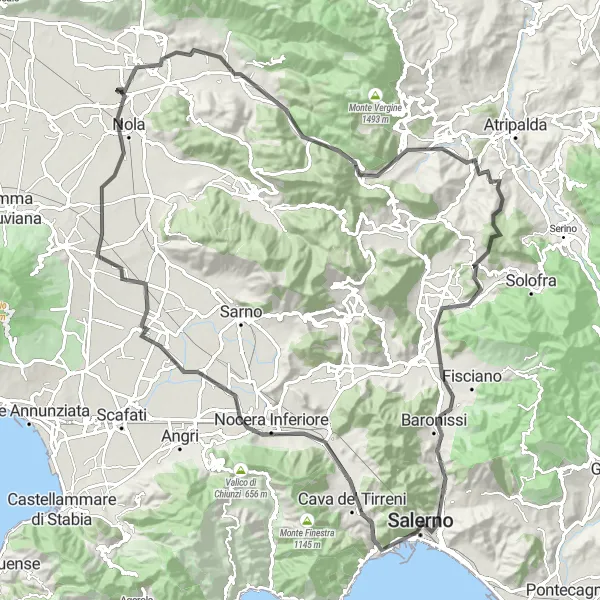 Miniatura della mappa di ispirazione al ciclismo "Tour in bicicletta da Nola a Pagani e ritorno" nella regione di Campania, Italy. Generata da Tarmacs.app, pianificatore di rotte ciclistiche