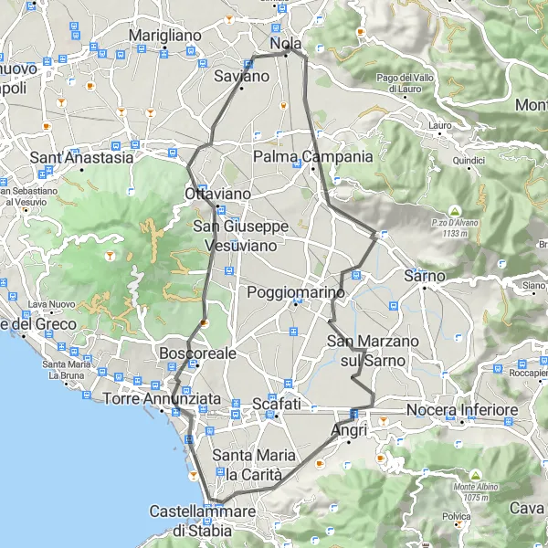 Miniatura della mappa di ispirazione al ciclismo "Giro in bicicletta da Nola a Torre Annunziata" nella regione di Campania, Italy. Generata da Tarmacs.app, pianificatore di rotte ciclistiche