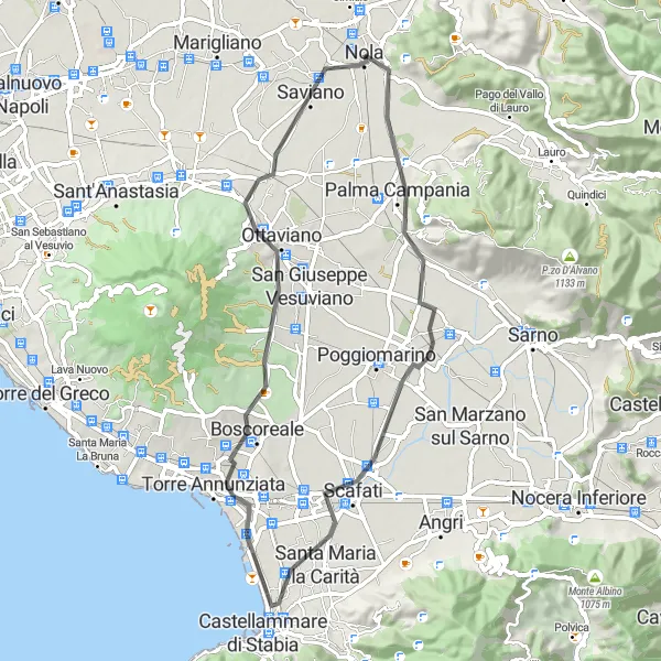 Miniatura della mappa di ispirazione al ciclismo "Giro in bicicletta da Nola a Palma Campania" nella regione di Campania, Italy. Generata da Tarmacs.app, pianificatore di rotte ciclistiche