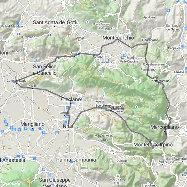 Miniatura della mappa di ispirazione al ciclismo "Giro in bici da Nola a Summonte e ritorno" nella regione di Campania, Italy. Generata da Tarmacs.app, pianificatore di rotte ciclistiche