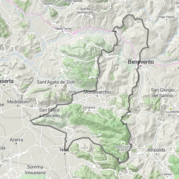 Miniatura della mappa di ispirazione al ciclismo "Avventura in bicicletta da Nola a Benevento" nella regione di Campania, Italy. Generata da Tarmacs.app, pianificatore di rotte ciclistiche
