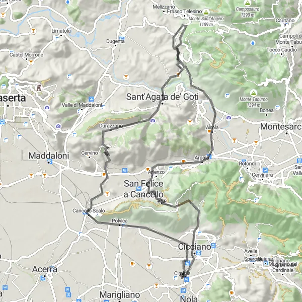 Map miniature of "Countryside and Hills" cycling inspiration in Campania, Italy. Generated by Tarmacs.app cycling route planner