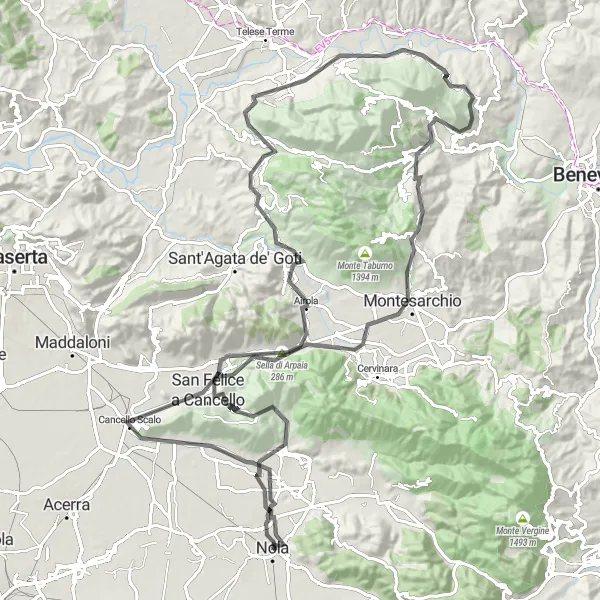 Miniatura della mappa di ispirazione al ciclismo "Tour in bicicletta attraverso Montesarchio e Solopaca" nella regione di Campania, Italy. Generata da Tarmacs.app, pianificatore di rotte ciclistiche