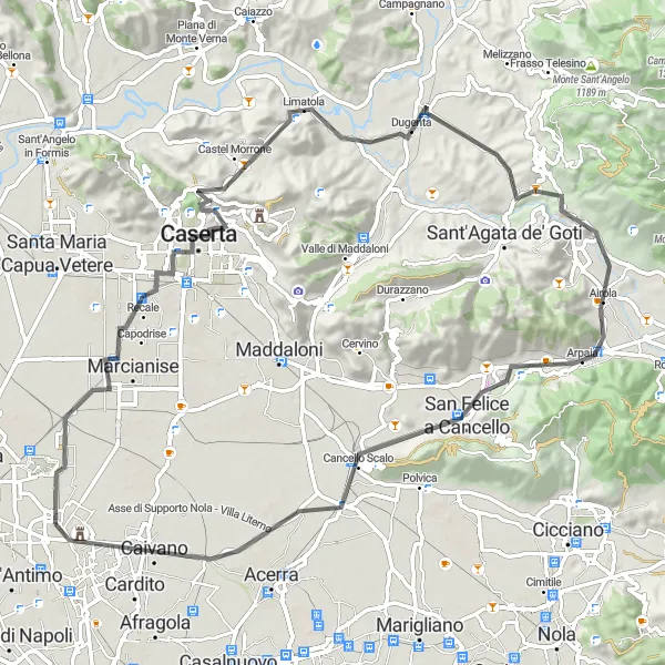 Miniatura della mappa di ispirazione al ciclismo "Tour in bicicletta da Orta di Atella a Arienzo e ritorno" nella regione di Campania, Italy. Generata da Tarmacs.app, pianificatore di rotte ciclistiche