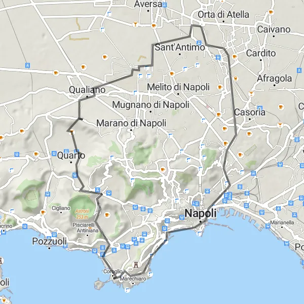 Miniatura della mappa di ispirazione al ciclismo "Cicloturismo da Orta di Atella a Giugliano in Campania e ritorno" nella regione di Campania, Italy. Generata da Tarmacs.app, pianificatore di rotte ciclistiche