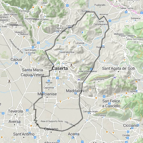 Map miniature of "Rural Road Bike Route Through Campania" cycling inspiration in Campania, Italy. Generated by Tarmacs.app cycling route planner