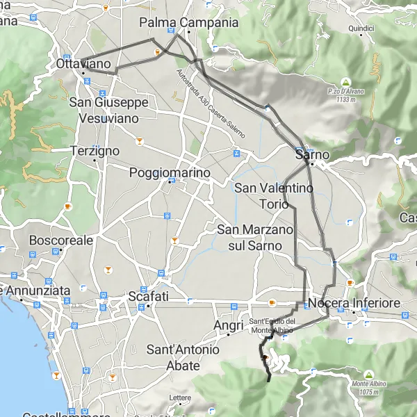 Map miniature of "Sarno Route" cycling inspiration in Campania, Italy. Generated by Tarmacs.app cycling route planner