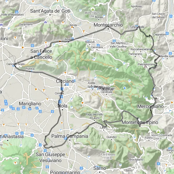 Miniatura della mappa di ispirazione al ciclismo "Tour in bicicletta tra Polvica e Monte San Liberatore" nella regione di Campania, Italy. Generata da Tarmacs.app, pianificatore di rotte ciclistiche