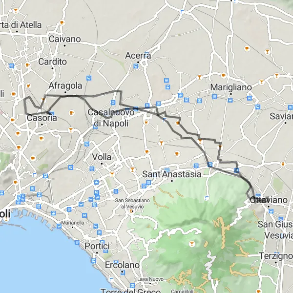 Miniatura della mappa di ispirazione al ciclismo "Giro in bicicletta da Ottaviano a Casoria, Pompei e Somma Vesuviana" nella regione di Campania, Italy. Generata da Tarmacs.app, pianificatore di rotte ciclistiche