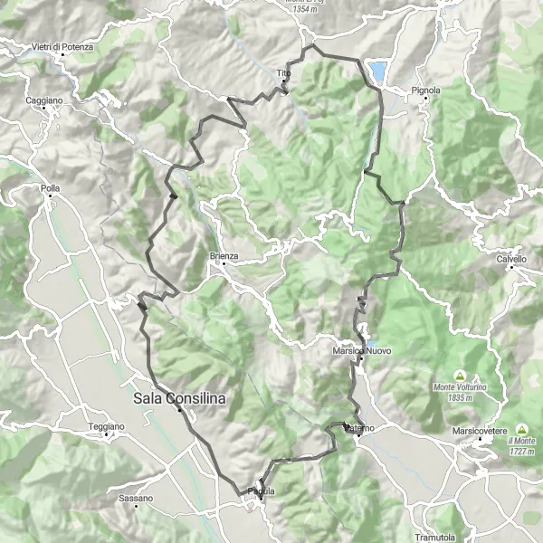 Miniatura della mappa di ispirazione al ciclismo "Montagne e cultura nel Vallo di Diano" nella regione di Campania, Italy. Generata da Tarmacs.app, pianificatore di rotte ciclistiche