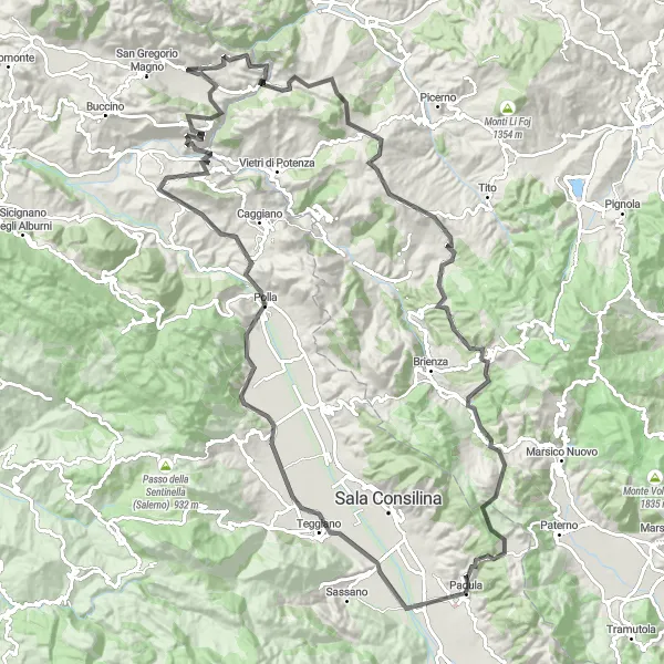 Miniatura della mappa di ispirazione al ciclismo "Giro del Vallo di Diano" nella regione di Campania, Italy. Generata da Tarmacs.app, pianificatore di rotte ciclistiche