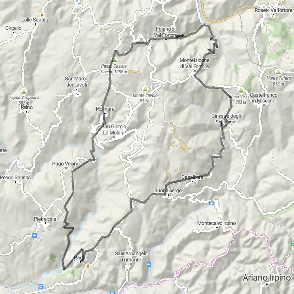 Miniatura della mappa di ispirazione al ciclismo "Giro in bicicletta intorno a Paduli" nella regione di Campania, Italy. Generata da Tarmacs.app, pianificatore di rotte ciclistiche