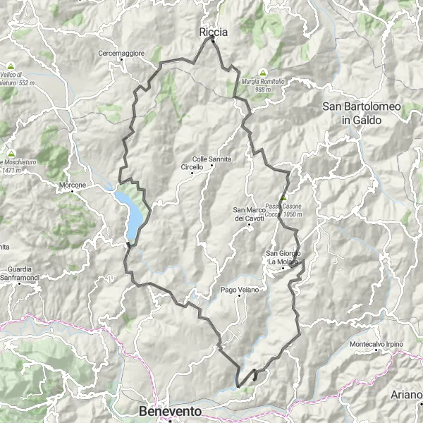 Miniatura della mappa di ispirazione al ciclismo "Pedalata panoramica da Paduli a San Giorgio La Molara" nella regione di Campania, Italy. Generata da Tarmacs.app, pianificatore di rotte ciclistiche