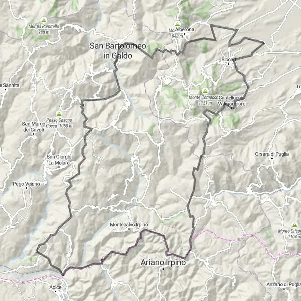 Map miniature of "Mountain Challenge" cycling inspiration in Campania, Italy. Generated by Tarmacs.app cycling route planner