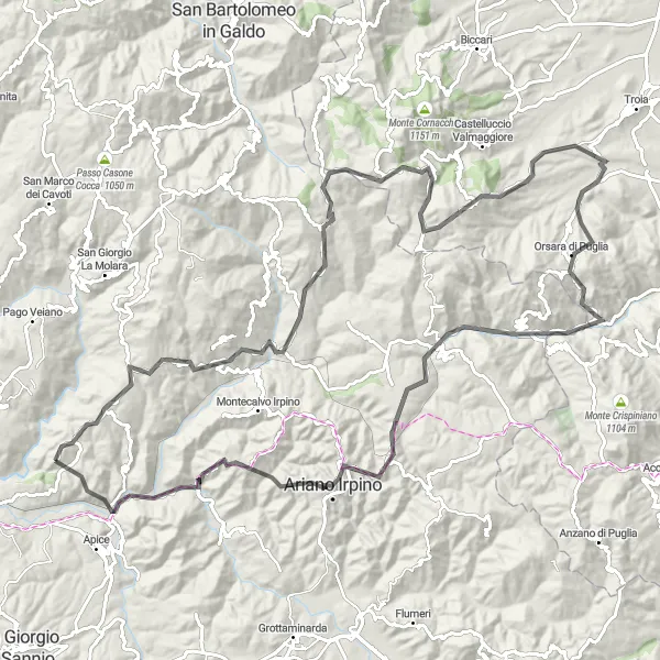 Map miniature of "Mountainous Adventure" cycling inspiration in Campania, Italy. Generated by Tarmacs.app cycling route planner