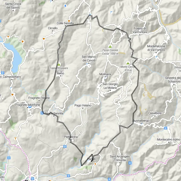 Miniatura della mappa di ispirazione al ciclismo "Giro in bici verso i monti di Paduli" nella regione di Campania, Italy. Generata da Tarmacs.app, pianificatore di rotte ciclistiche