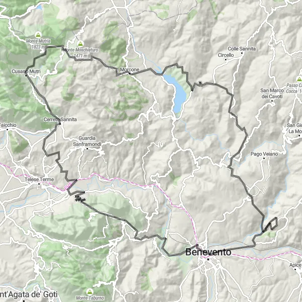Miniatura della mappa di ispirazione al ciclismo "Esplorazione delle montagne circostanti Paduli" nella regione di Campania, Italy. Generata da Tarmacs.app, pianificatore di rotte ciclistiche