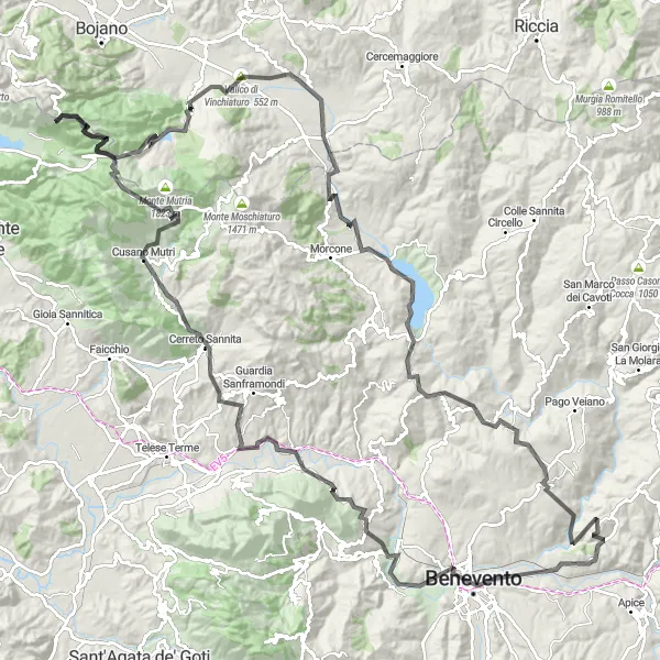Map miniature of "Mountainous Challenge" cycling inspiration in Campania, Italy. Generated by Tarmacs.app cycling route planner