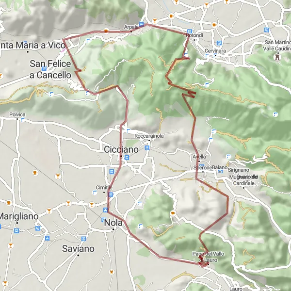 Miniatura della mappa di ispirazione al ciclismo "Esplorando le Colline di Pago del Vallo di Lauro in Gravel" nella regione di Campania, Italy. Generata da Tarmacs.app, pianificatore di rotte ciclistiche