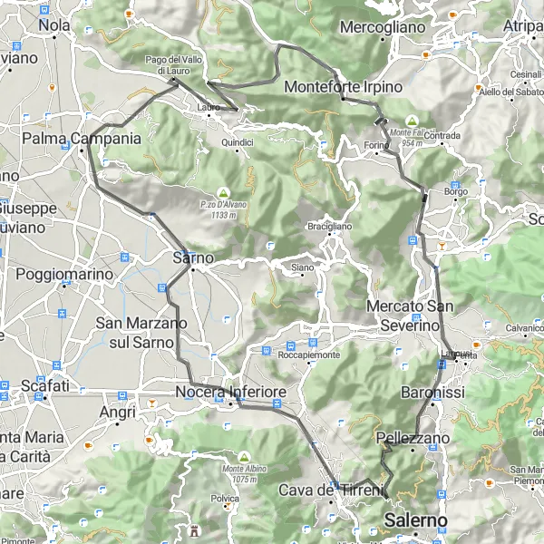 Miniatura della mappa di ispirazione al ciclismo "Itinerario in bicicletta da Pago del Vallo di Lauro a Pagani e Sarno" nella regione di Campania, Italy. Generata da Tarmacs.app, pianificatore di rotte ciclistiche