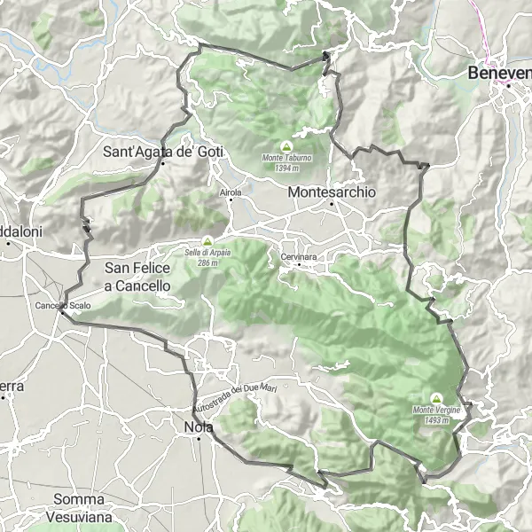 Miniatura della mappa di ispirazione al ciclismo "Alla Scoperta dei Tesori di Pago del Vallo di Lauro" nella regione di Campania, Italy. Generata da Tarmacs.app, pianificatore di rotte ciclistiche