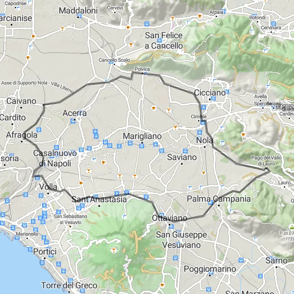 Miniatura della mappa di ispirazione al ciclismo "Breve giro ciclistico da Pago del Vallo di Lauro a Liveri attraverso Cima BICIAmoci" nella regione di Campania, Italy. Generata da Tarmacs.app, pianificatore di rotte ciclistiche
