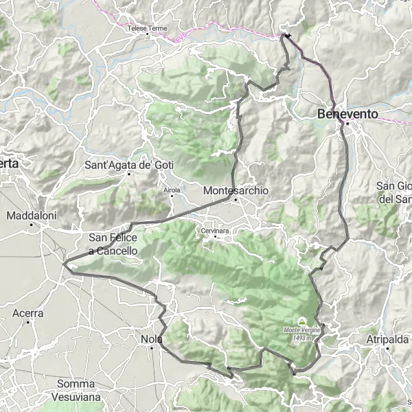 Miniatura della mappa di ispirazione al ciclismo "Tour ciclistico da Pago del Vallo di Lauro a Lauro e Benevento" nella regione di Campania, Italy. Generata da Tarmacs.app, pianificatore di rotte ciclistiche