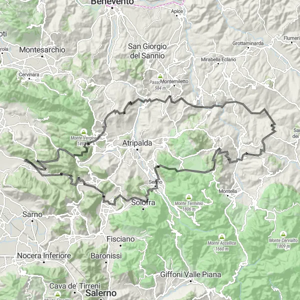 Miniatura della mappa di ispirazione al ciclismo "Ciclismo in Campania: Montagne e Paesaggi" nella regione di Campania, Italy. Generata da Tarmacs.app, pianificatore di rotte ciclistiche