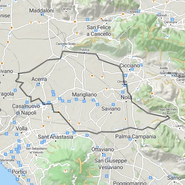 Miniatura della mappa di ispirazione al ciclismo "Giro in bici da Pago del Vallo di Lauro a Gaudello e Liveri" nella regione di Campania, Italy. Generata da Tarmacs.app, pianificatore di rotte ciclistiche