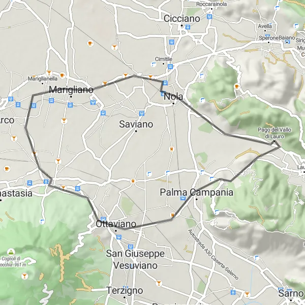 Miniatura della mappa di ispirazione al ciclismo "Percorso ciclistico tra natura e cultura presso Pago del Vallo di Lauro" nella regione di Campania, Italy. Generata da Tarmacs.app, pianificatore di rotte ciclistiche