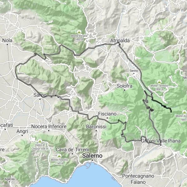 Map miniature of "Vallo di Lauro loop" cycling inspiration in Campania, Italy. Generated by Tarmacs.app cycling route planner