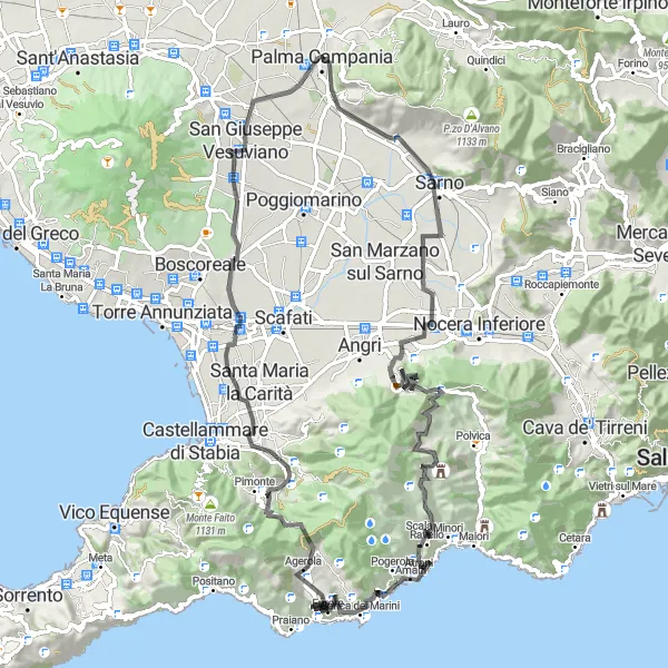 Miniatura della mappa di ispirazione al ciclismo "Giro panoramico tra Pagani e San Giuseppe Vesuviano" nella regione di Campania, Italy. Generata da Tarmacs.app, pianificatore di rotte ciclistiche