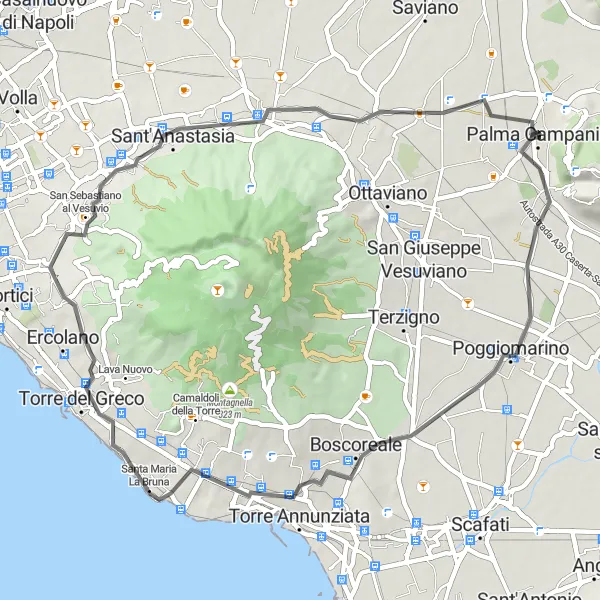 Miniatura della mappa di ispirazione al ciclismo "Esplorazione archeologica in bici" nella regione di Campania, Italy. Generata da Tarmacs.app, pianificatore di rotte ciclistiche