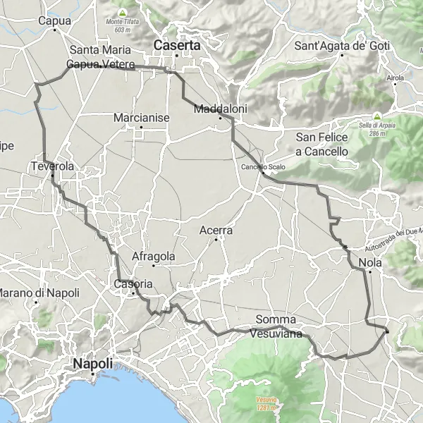 Miniatura della mappa di ispirazione al ciclismo "Itinerario da Ottaviano a Nola" nella regione di Campania, Italy. Generata da Tarmacs.app, pianificatore di rotte ciclistiche