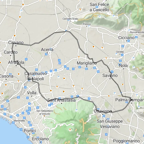Miniatura della mappa di ispirazione al ciclismo "Tour tra i borghi campani" nella regione di Campania, Italy. Generata da Tarmacs.app, pianificatore di rotte ciclistiche